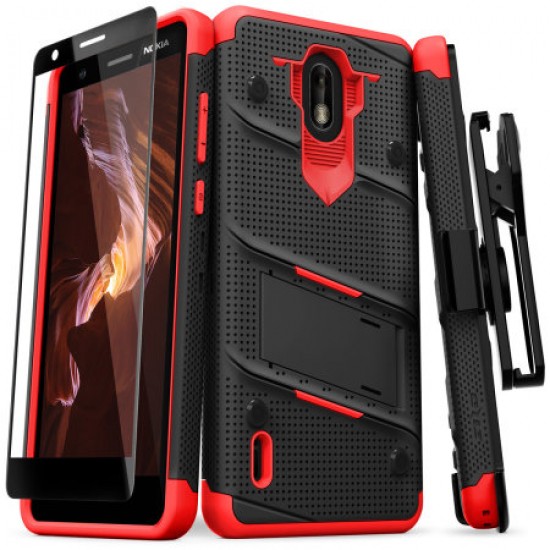 Zizo Bolt Nokia 3.1 C Case & Screen Protector- Black and Red