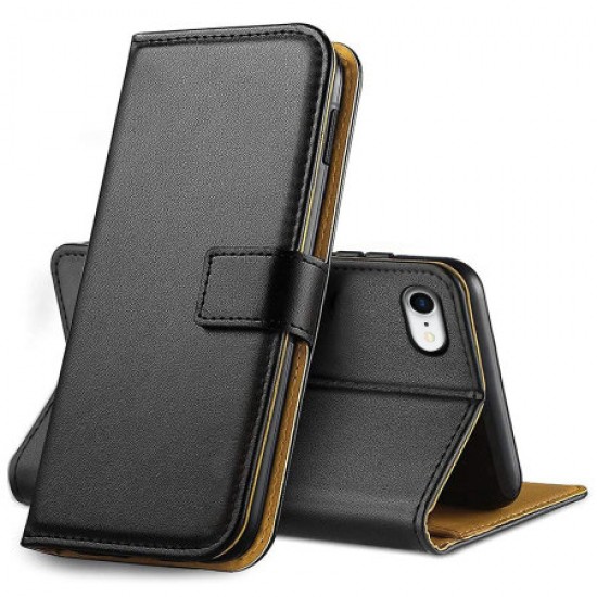 Genuine Leather iPhone SE 2020 Wallet Case - Black