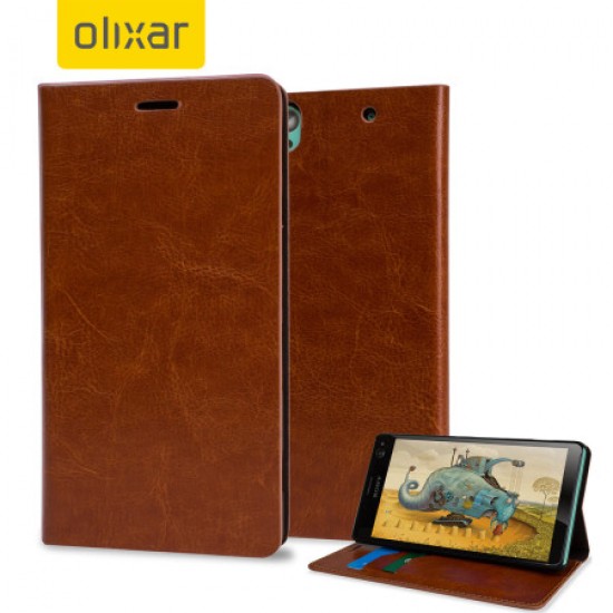 Olixar Leather-Style Sony Xperia C4 Wallet Stand Case - Light Brown