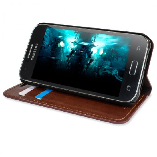 Olixar Leather-Style Samsung Galaxy J1 2015 Wallet Case - Brown