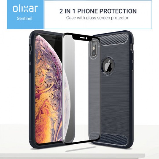 Olixar Sentinel iPhone XS Max Case and Glass Screen Protector - Navy